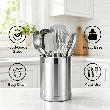 Utensil Holder Stainless Steel 6.3inch Deep, Silver | Brushed Finish, Doubled Base for Stable, Shiny Stainless Style, 5inch Wide, 6.60inch Tall