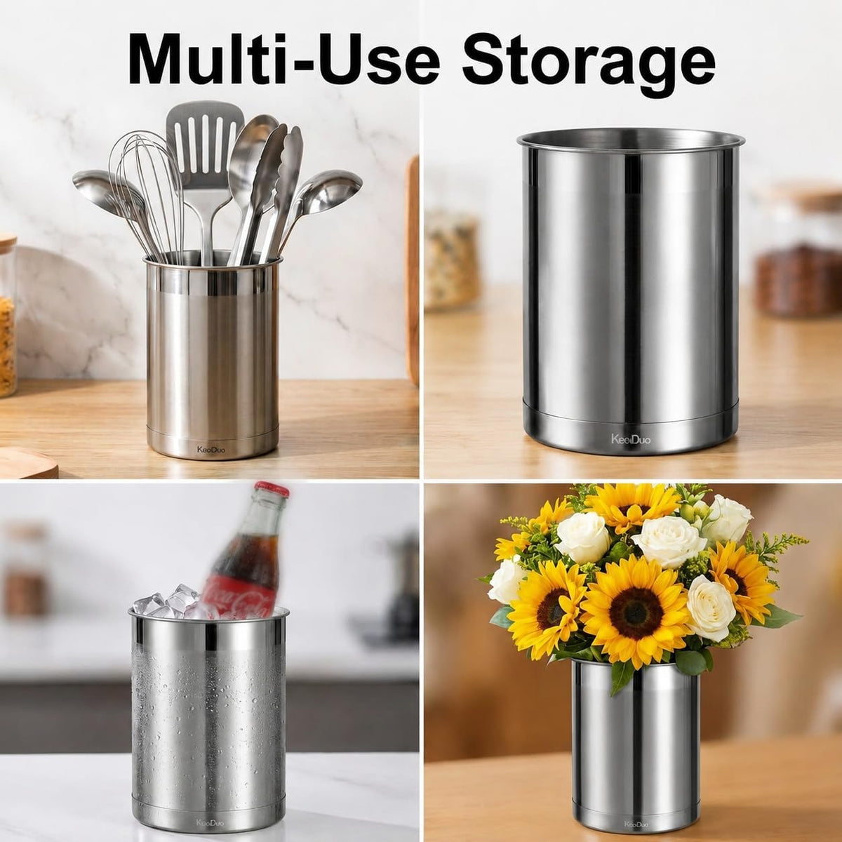 Utensil Holder Stainless Steel 6.3inch Deep, Silver | Brushed Finish, Doubled Base for Stable, Shiny Stainless Style, 5inch Wide, 6.60inch Tall