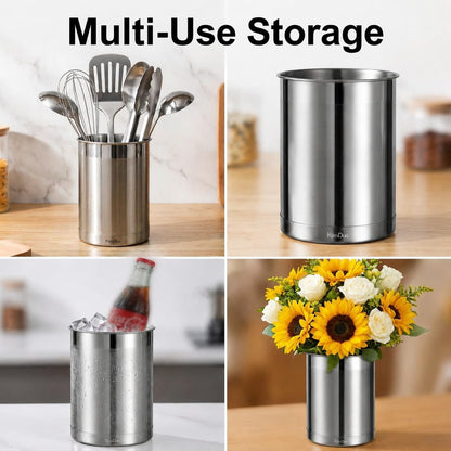 Utensil Holder Stainless Steel 6.3inch Deep, Silver | Brushed Finish, Doubled Base for Stable, Shiny Stainless Style, 5inch Wide, 6.60inch Tall