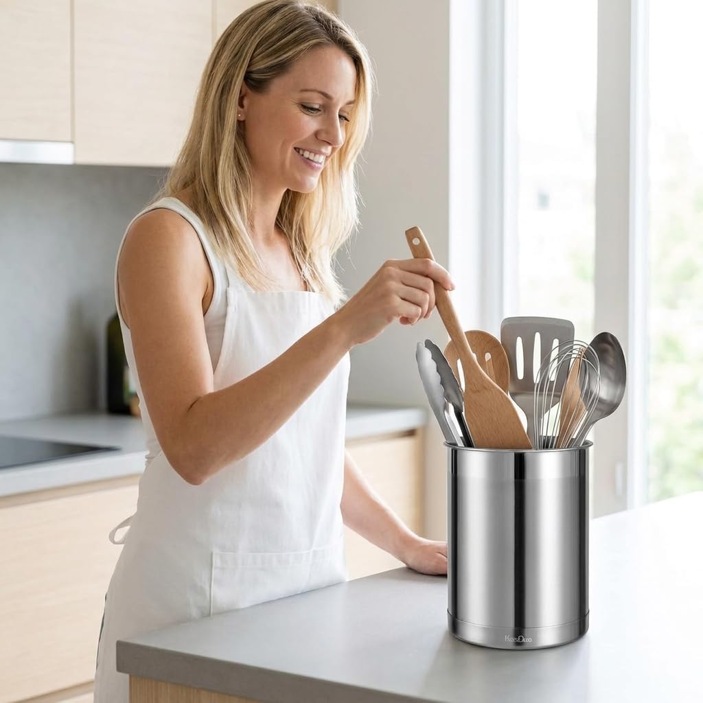 Utensil Holder Stainless Steel 6.3inch Deep, Silver | Brushed Finish, Doubled Base for Stable, Shiny Stainless Style, 5inch Wide, 6.60inch Tall
