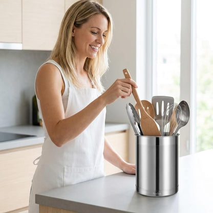 Utensil Holder Stainless Steel 6.3inch Deep, Silver | Brushed Finish, Doubled Base for Stable, Shiny Stainless Style, 5inch Wide, 6.60inch Tall