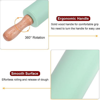 Silicone Rolling Pins for Baking 12.2 Inch Non-Stick Silicone Surface Wooden Handle Rolling Pin Small Roller Playdough Rolling Pins for Fondant Kitchen Dough Pizza, Green