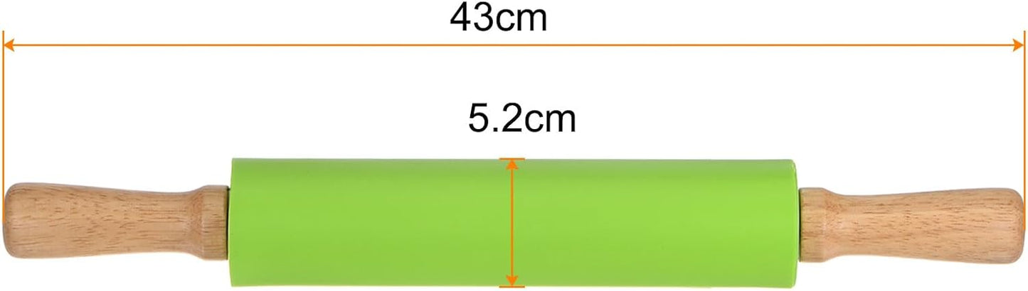 Silicone Rolling Pins for Baking 12.2 Inch Non-Stick Silicone Surface Wooden Handle Rolling Pin Small Roller Playdough Rolling Pins for Fondant Kitchen Dough Pizza, Green