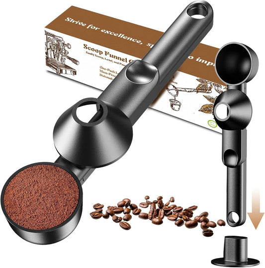 Coffee Scoop with Funnel for Ground Coffee, Protein Powder & Tea, 2 Tbsp | Mess-Free Scoop Funnel for Reusable K-Cup, Countertop Design for Home & Office, Handy Long Handle, Easy to Clean, 1-Pack