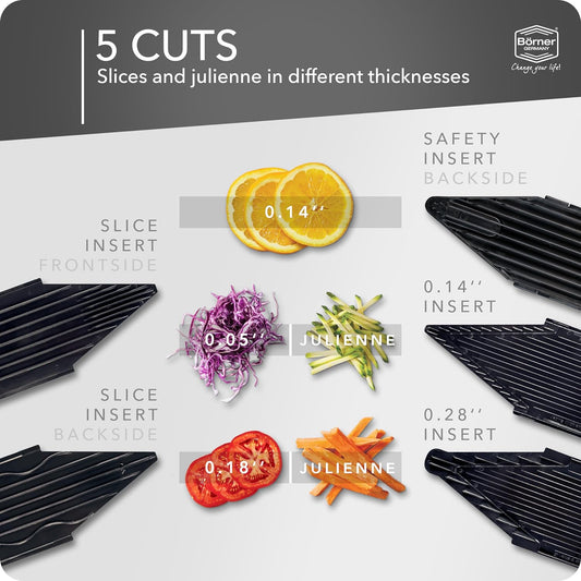 Borner V6 Exclusive Line V-Mandoline Slicer 8-in-1 Pro-Set, Stainless Steel Vegetable Cutter with Safety Insert, Slice Insert, 2 Blade Inserts