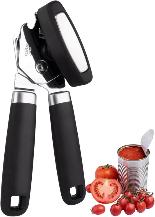 Manual Can Opener with Magnet, Heavy Duty Can Opener with Stainless Steel Cutting Wheel, Easy Turn Large Knob & Non-Slip Soft Grip Handle, Smooth Edge Handheld Opener for Kitchen Camping Seniors-Black