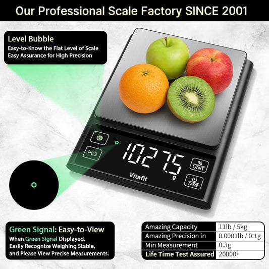 11lb Food Scale, High Accuracy 0.0001lb by Our Professional Scale Factory Since 2001, Digital Kitchen Scale with% Percentage Function for Cooking, Baking & Coffee, Stainless Steel, LED, Black