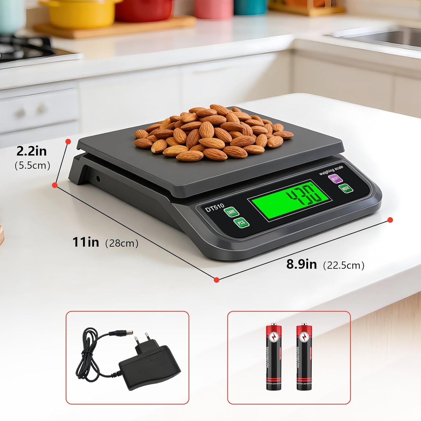 Large Digital Kitchen Scale40kg Stainless Stee with 6 Unit Tare PCS Funtion | Food Scales 88lbs with LCD Display for Baking, Bread, Cooking, Meat, Vegetables, Farm with Adapter Grey