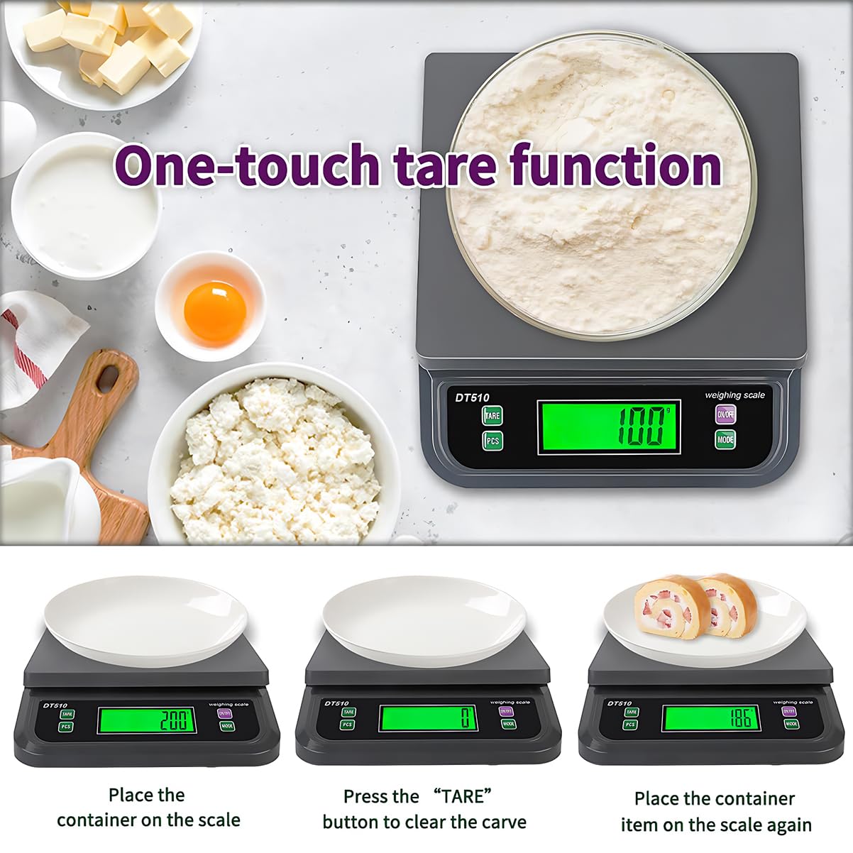 Large Digital Kitchen Scale40kg Stainless Stee with 6 Unit Tare PCS Funtion | Food Scales 88lbs with LCD Display for Baking, Bread, Cooking, Meat, Vegetables, Farm with Adapter Grey