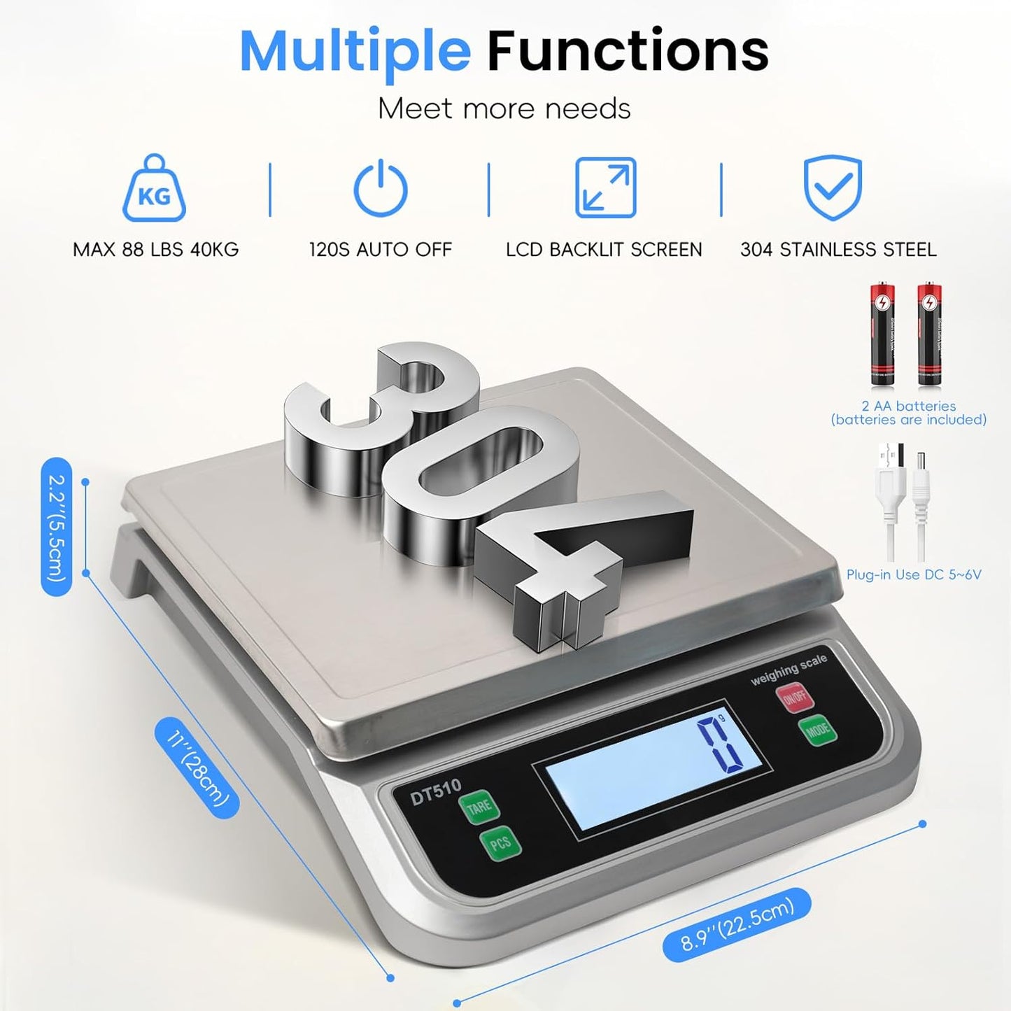 Large Digital Kitchen Scale40kg Stainless Stee with 6 Unit Tare PCS Funtion | Food Scales 88lbs with LCD Display for Baking, Bread, Cooking, Meat, Vegetables, Farm with Adapter Grey