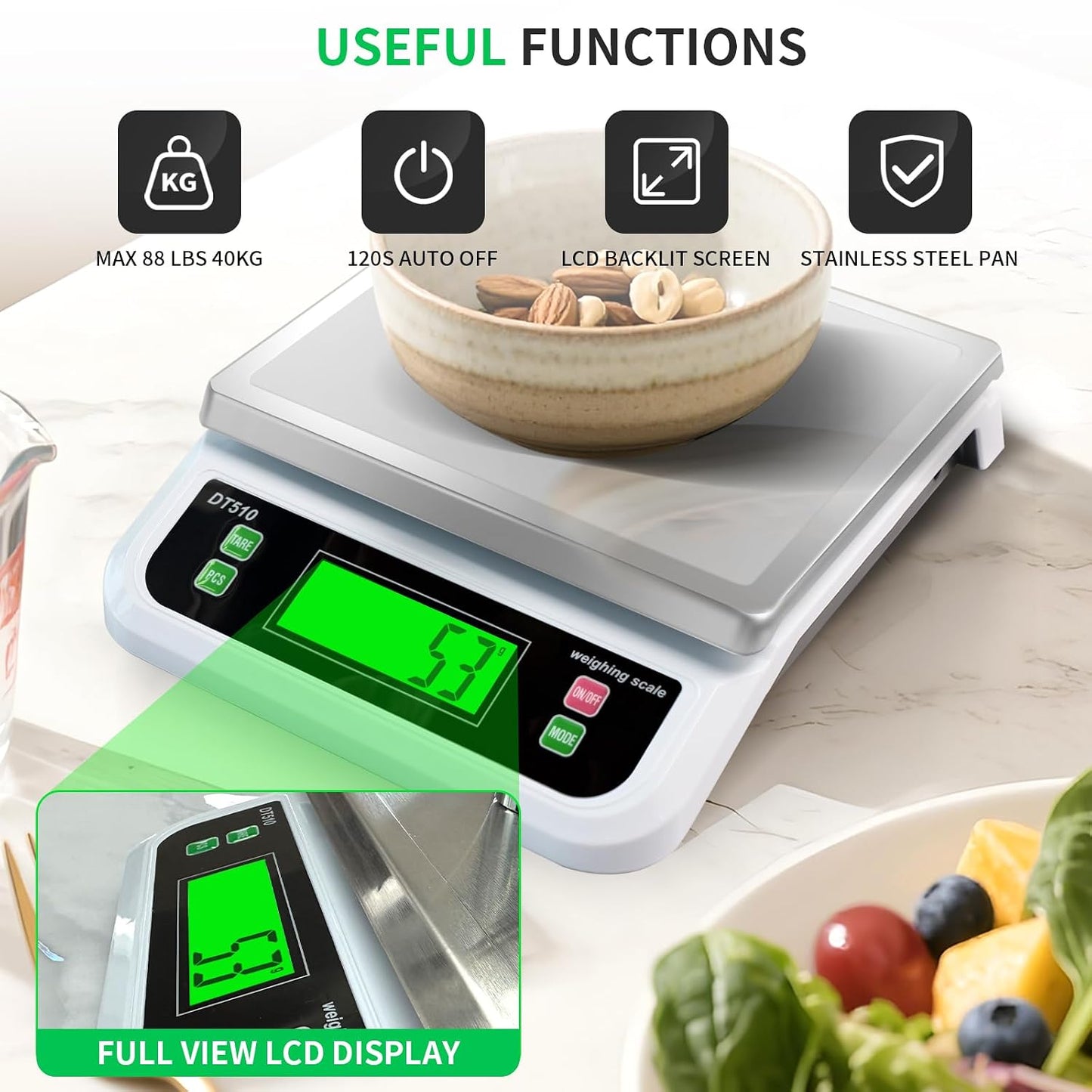 Large Digital Kitchen Scale40kg Stainless Stee with 6 Unit Tare PCS Funtion | Food Scales 88lbs with LCD Display for Baking, Bread, Cooking, Meat, Vegetables, Farm with Adapter Grey