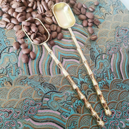 Measuring Spoons with Long Handle, Coffee Scoop, Tablespoon and Teaspoon Scoops Set of 2, Gold Art Style Metal
