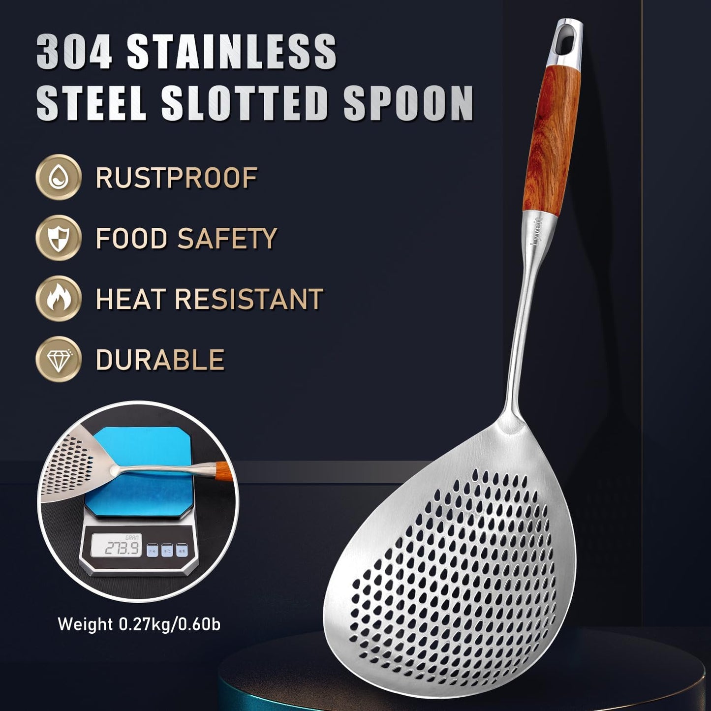 Large Slotted Spoon with Long Wooden Handle - 16 Inch Deep Frying Scoop with Hanging Holes, 304 Stainless Steel Fryer Skimmer Spoons for Kitchen Cooking Frying Draining