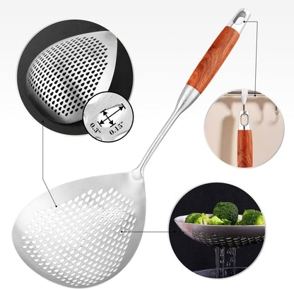 Large Slotted Spoon with Long Wooden Handle - 16 Inch Deep Frying Scoop with Hanging Holes, 304 Stainless Steel Fryer Skimmer Spoons for Kitchen Cooking Frying Draining