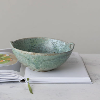 Stoneware Berry Bowl with Handles, Aqua Reactive Glaze