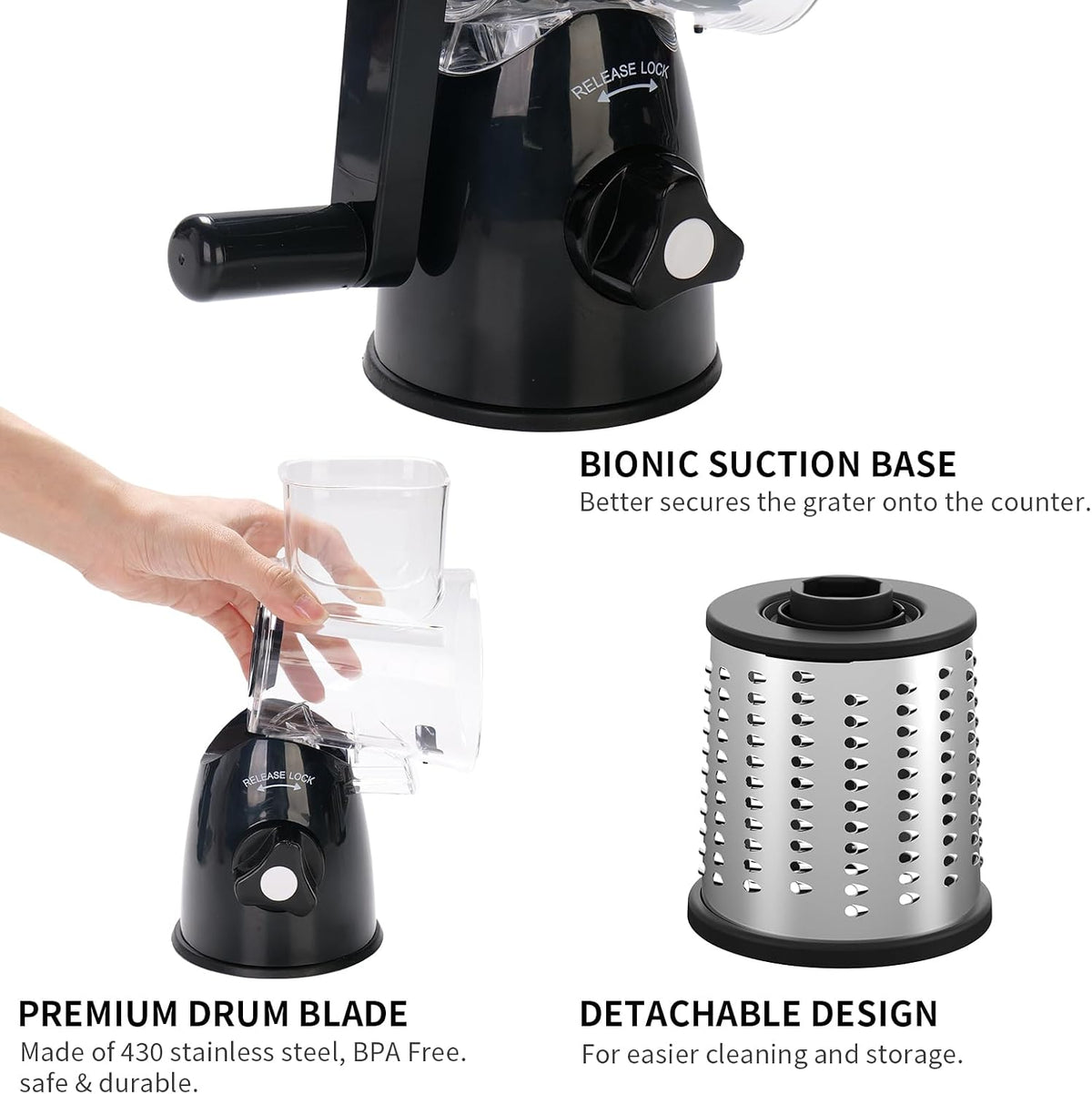 Rotary Cheese Grater Shredder 3-in-1 Hand Crank Suction Base