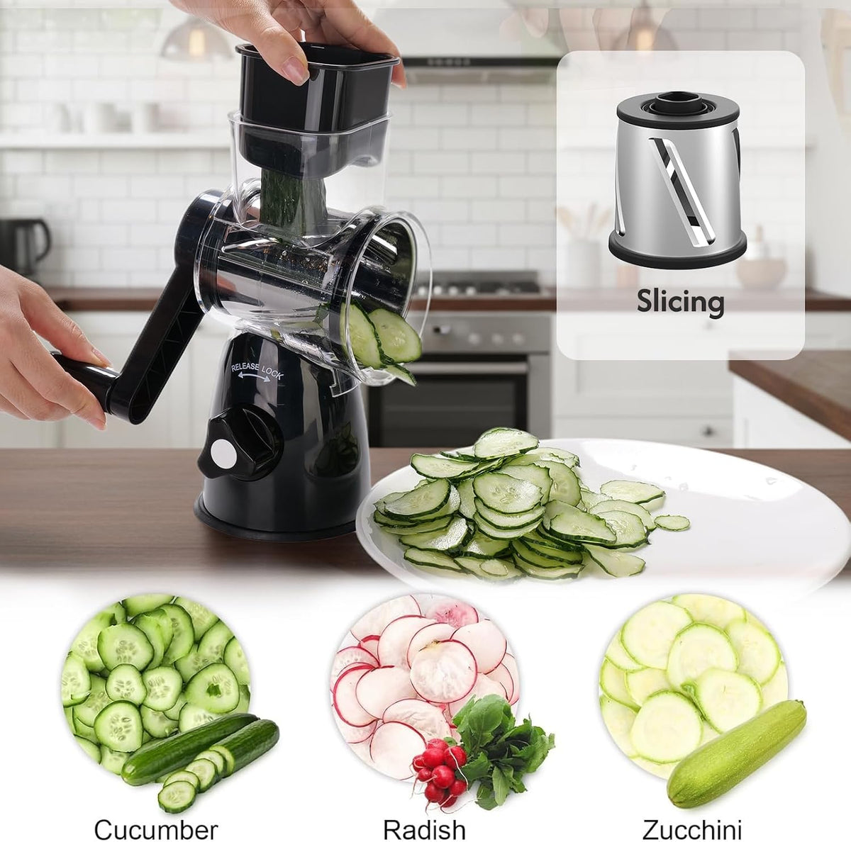 Rotary Cheese Grater Shredder 3-in-1 Hand Crank Suction Base