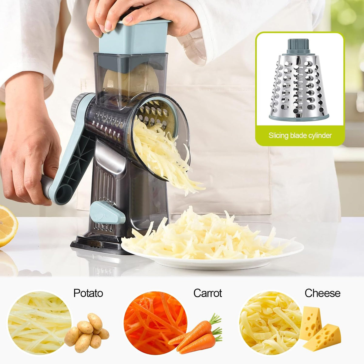 Rotary Cheese Grater Shredder 3-in-1 Hand Crank Suction Base
