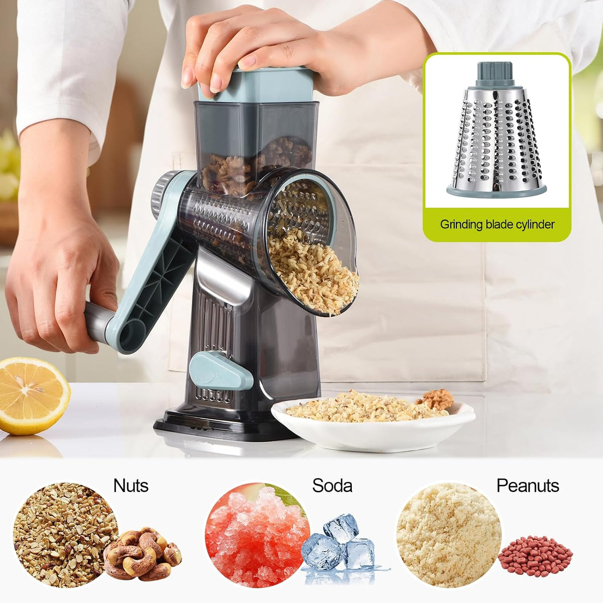 Rotary Cheese Grater Shredder 3-in-1 Hand Crank Suction Base