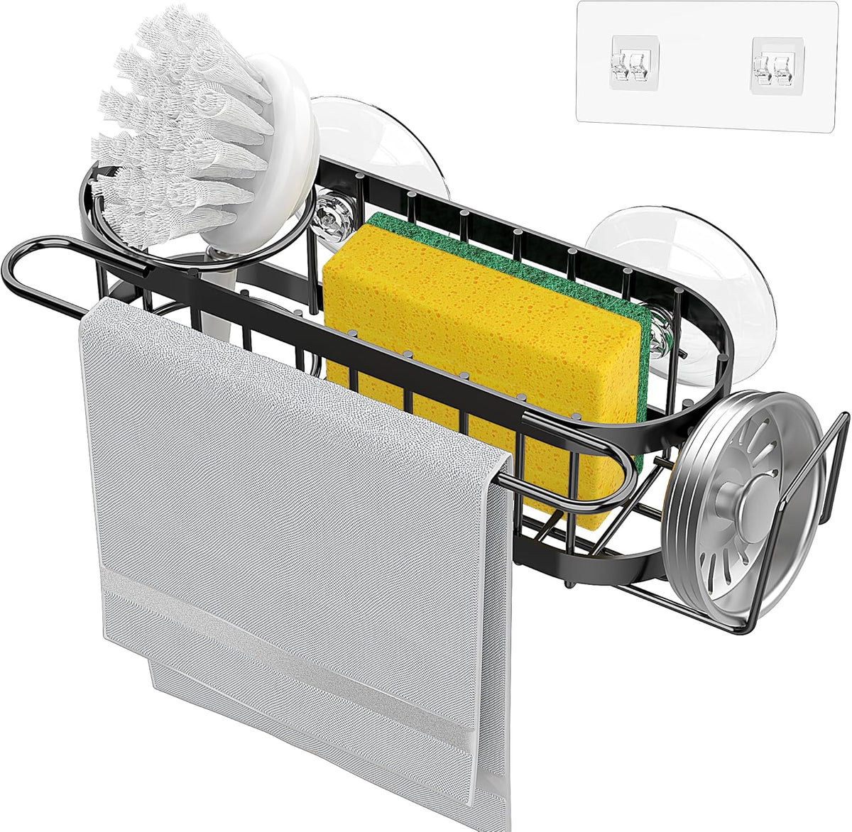 Cisily Kitchen Sink Caddy Sponge Holder in The Sink, Stainless Steel Kitchen Sink Organizer, Brush Holder, Dish Cloth Hanger, Sink Stopper Holder (Suction cup-Black)