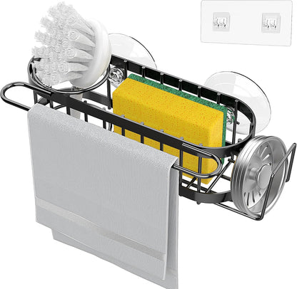 Cisily Kitchen Sink Caddy Sponge Holder in The Sink, Stainless Steel Kitchen Sink Organizer, Brush Holder, Dish Cloth Hanger, Sink Stopper Holder (Suction cup-Black)
