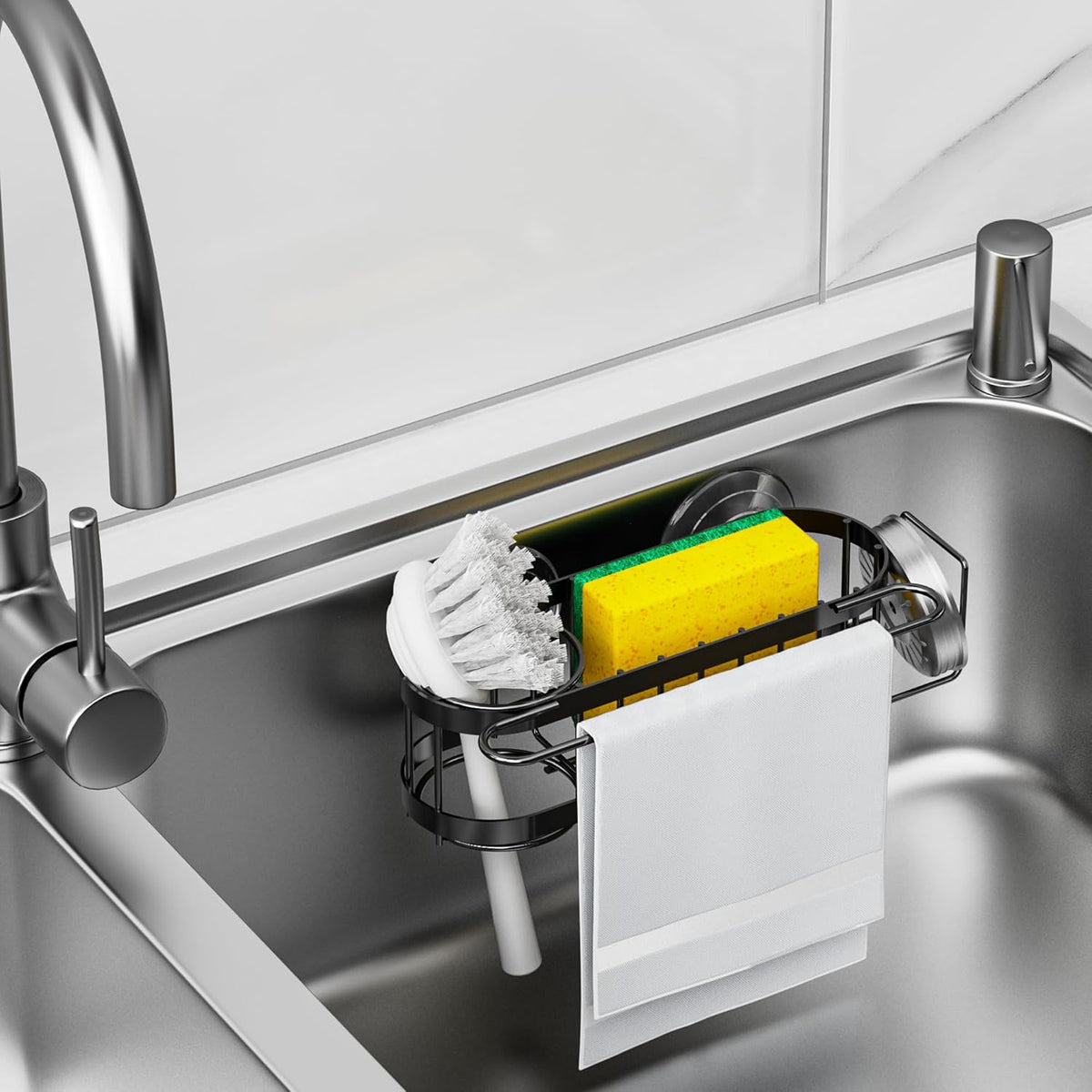 Cisily Kitchen Sink Caddy Sponge Holder in The Sink, Stainless Steel Kitchen Sink Organizer, Brush Holder, Dish Cloth Hanger, Sink Stopper Holder (Suction cup-Black)