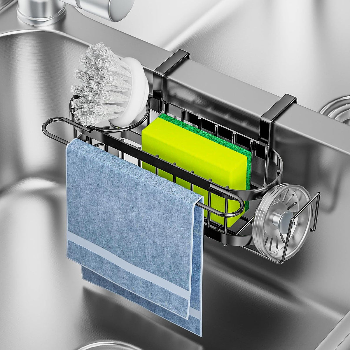 Cisily Kitchen Sink Caddy Sponge Holder in The Sink, Stainless Steel Kitchen Sink Organizer, Brush Holder, Dish Cloth Hanger, Sink Stopper Holder (Suction cup-Black)