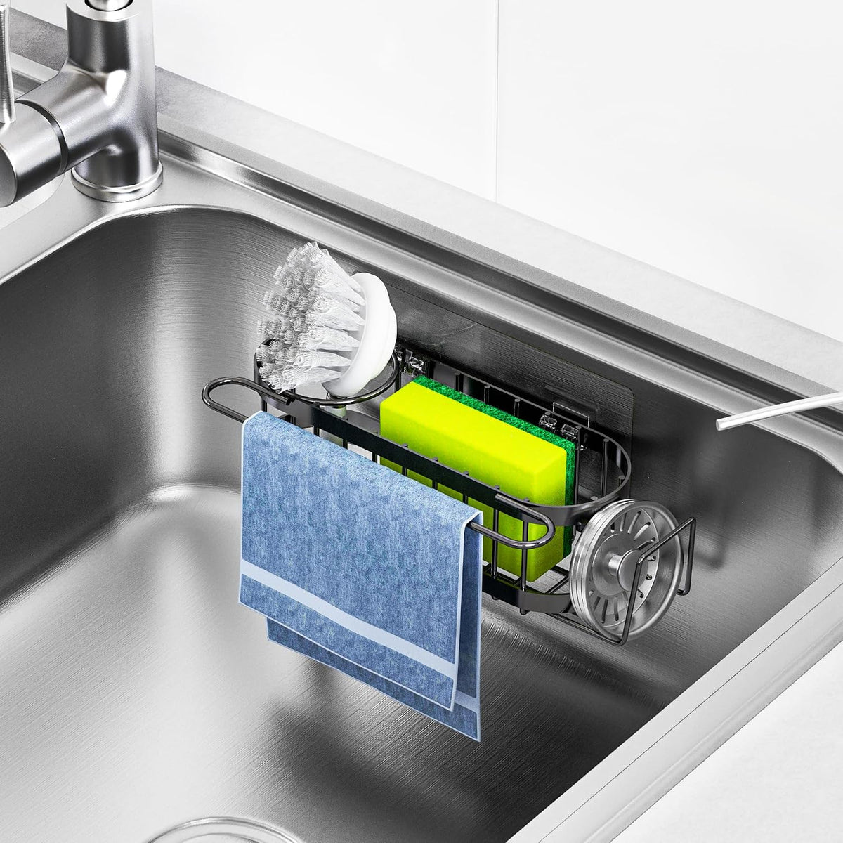 Cisily Kitchen Sink Caddy Sponge Holder in The Sink, Stainless Steel Kitchen Sink Organizer, Brush Holder, Dish Cloth Hanger, Sink Stopper Holder (Suction cup-Black)