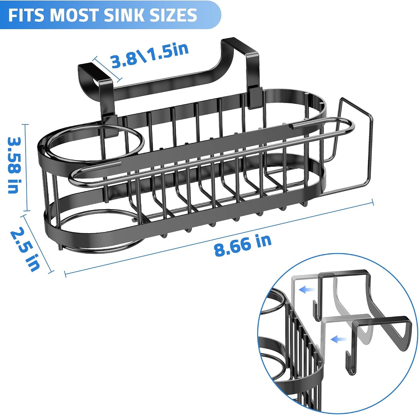 Cisily Kitchen Sink Caddy Sponge Holder in The Sink, Stainless Steel Kitchen Sink Organizer, Brush Holder, Dish Cloth Hanger, Sink Stopper Holder (Suction cup-Black)