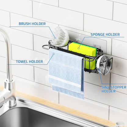 Cisily Kitchen Sink Caddy Sponge Holder in The Sink, Stainless Steel Kitchen Sink Organizer, Brush Holder, Dish Cloth Hanger, Sink Stopper Holder (Suction cup-Black)