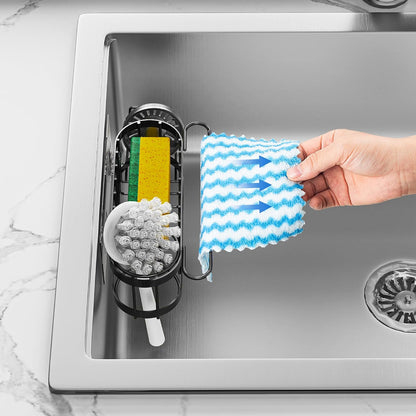 Cisily Kitchen Sink Caddy Sponge Holder in The Sink, Stainless Steel Kitchen Sink Organizer, Brush Holder, Dish Cloth Hanger, Sink Stopper Holder (Suction cup-Black)