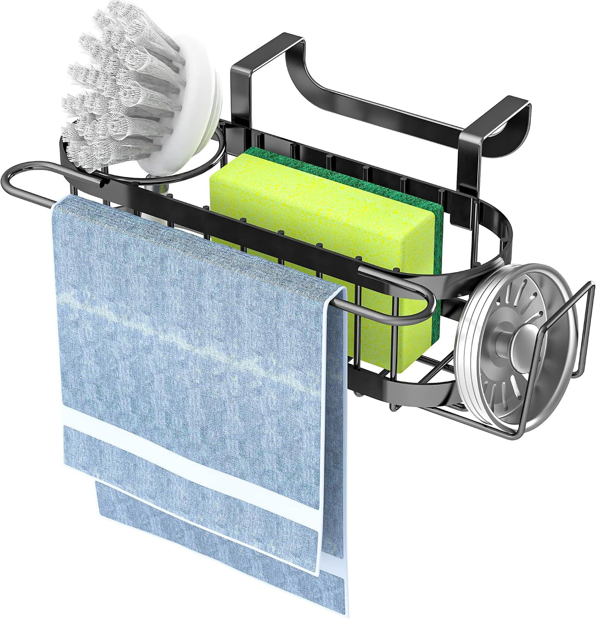 Cisily Kitchen Sink Caddy Sponge Holder in The Sink, Stainless Steel Kitchen Sink Organizer, Brush Holder, Dish Cloth Hanger, Sink Stopper Holder (Suction cup-Black)