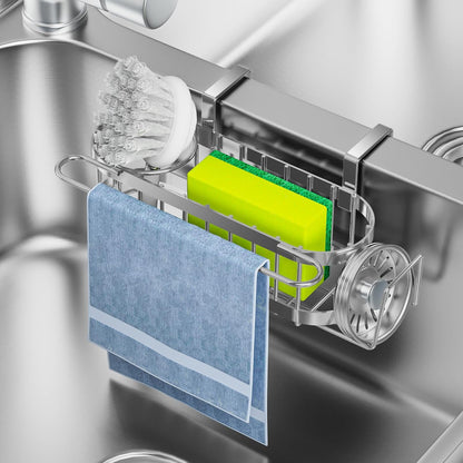 Cisily Kitchen Sink Caddy Sponge Holder in The Sink, Stainless Steel Kitchen Sink Organizer, Brush Holder, Dish Cloth Hanger, Sink Stopper Holder (Suction cup-Black)