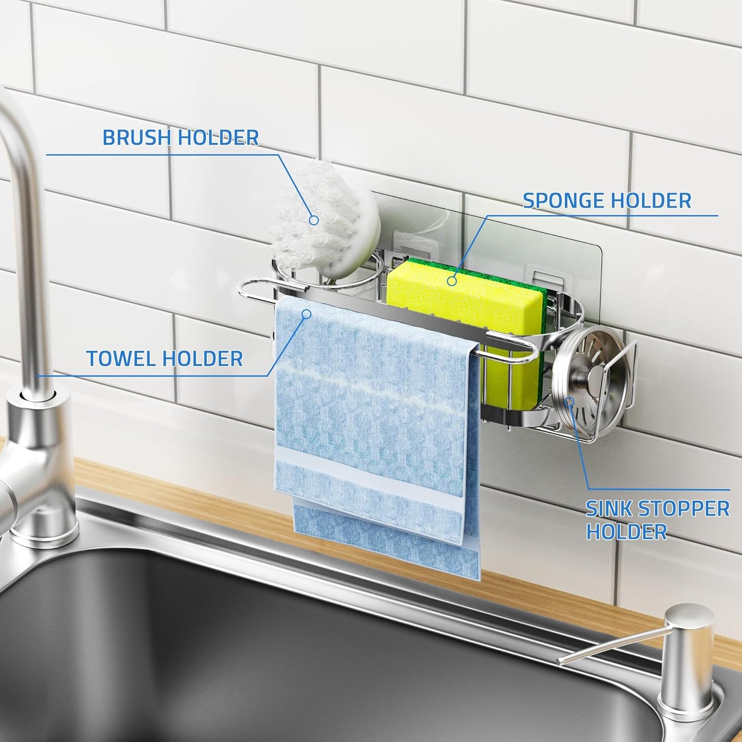 Cisily Kitchen Sink Caddy Sponge Holder in The Sink, Stainless Steel Kitchen Sink Organizer, Brush Holder, Dish Cloth Hanger, Sink Stopper Holder (Suction cup-Black)