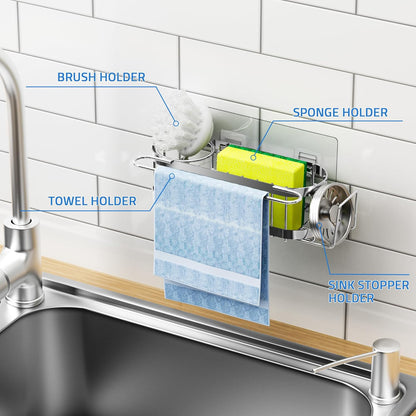 Cisily Kitchen Sink Caddy Sponge Holder in The Sink, Stainless Steel Kitchen Sink Organizer, Brush Holder, Dish Cloth Hanger, Sink Stopper Holder (Suction cup-Black)