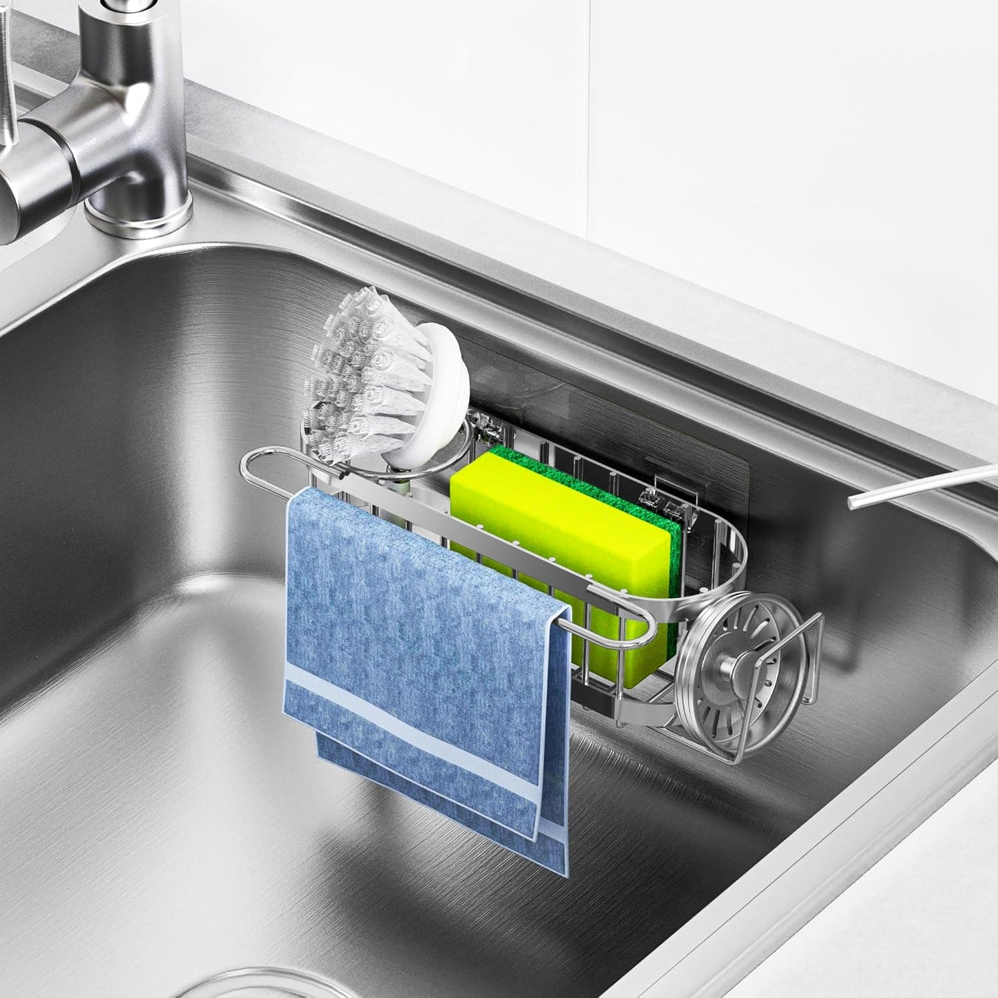 Cisily Kitchen Sink Caddy Sponge Holder in The Sink, Stainless Steel Kitchen Sink Organizer, Brush Holder, Dish Cloth Hanger, Sink Stopper Holder (Suction cup-Black)