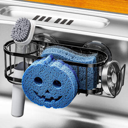 Cisily Kitchen Sink Caddy Sponge Holder in The Sink, Stainless Steel Kitchen Sink Organizer, Brush Holder, Dish Cloth Hanger, Sink Stopper Holder (Suction cup-Black)