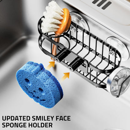 Cisily Kitchen Sink Caddy Sponge Holder in The Sink, Stainless Steel Kitchen Sink Organizer, Brush Holder, Dish Cloth Hanger, Sink Stopper Holder (Suction cup-Black)