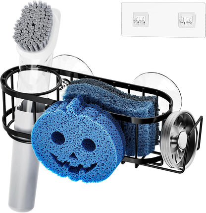 Cisily Kitchen Sink Caddy Sponge Holder in The Sink, Stainless Steel Kitchen Sink Organizer, Brush Holder, Dish Cloth Hanger, Sink Stopper Holder (Suction cup-Black)