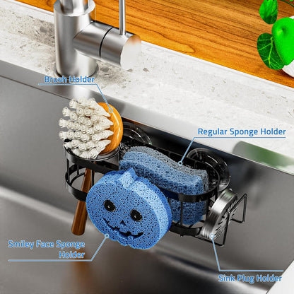 Cisily Kitchen Sink Caddy Sponge Holder in The Sink, Stainless Steel Kitchen Sink Organizer, Brush Holder, Dish Cloth Hanger, Sink Stopper Holder (Suction cup-Black)