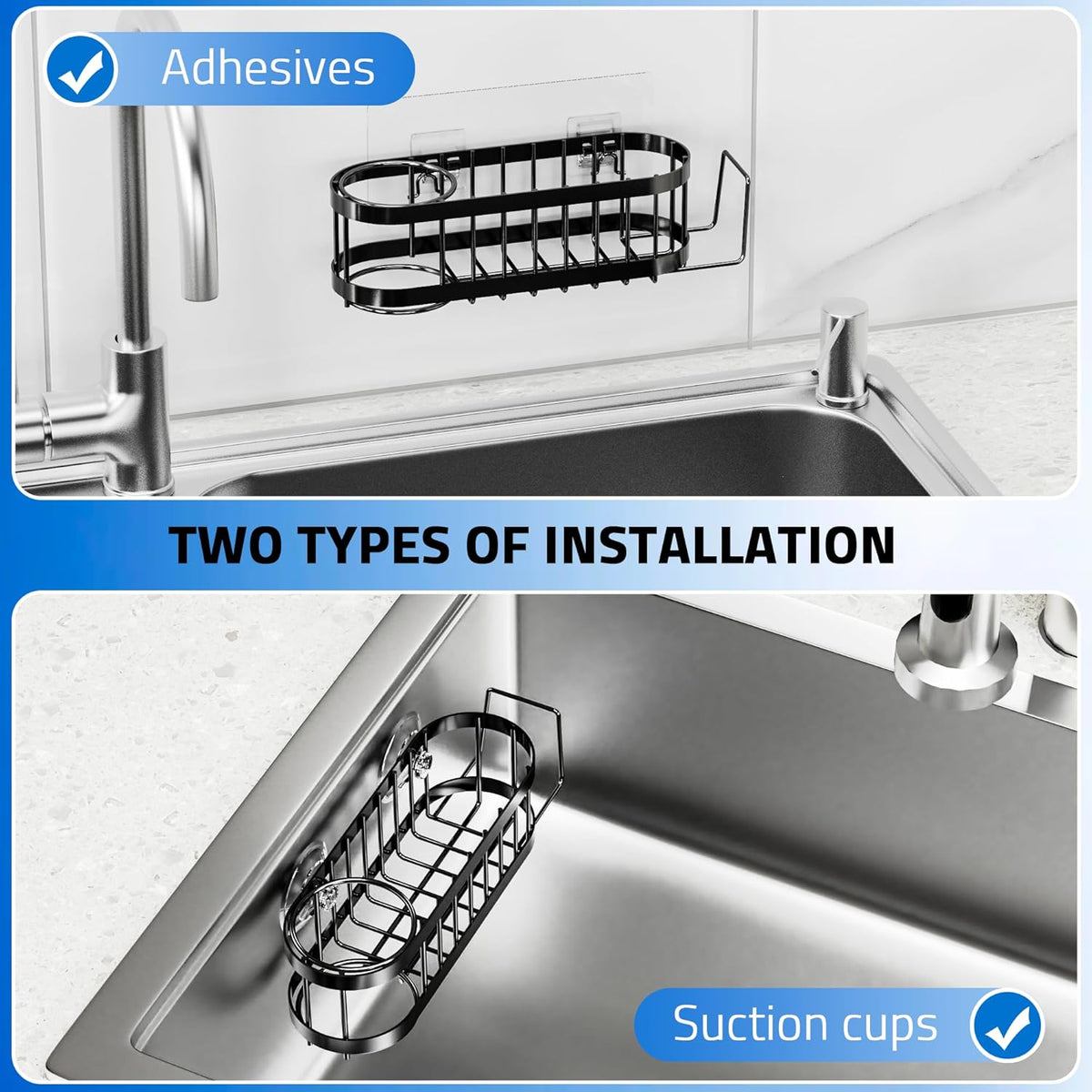 Cisily Kitchen Sink Caddy Sponge Holder in The Sink, Stainless Steel Kitchen Sink Organizer, Brush Holder, Dish Cloth Hanger, Sink Stopper Holder (Suction cup-Black)