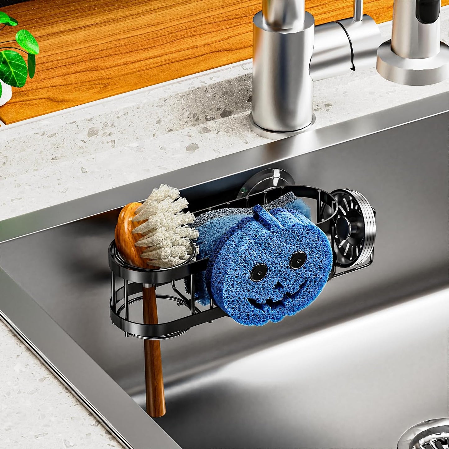 Cisily Kitchen Sink Caddy Sponge Holder in The Sink, Stainless Steel Kitchen Sink Organizer, Brush Holder, Dish Cloth Hanger, Sink Stopper Holder (Suction cup-Black)