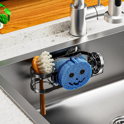 Cisily Kitchen Sink Caddy Sponge Holder in The Sink, Stainless Steel Kitchen Sink Organizer, Brush Holder, Dish Cloth Hanger, Sink Stopper Holder (Suction cup-Black)