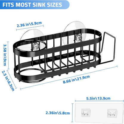 Cisily Kitchen Sink Caddy Sponge Holder in The Sink, Stainless Steel Kitchen Sink Organizer, Brush Holder, Dish Cloth Hanger, Sink Stopper Holder (Suction cup-Black)