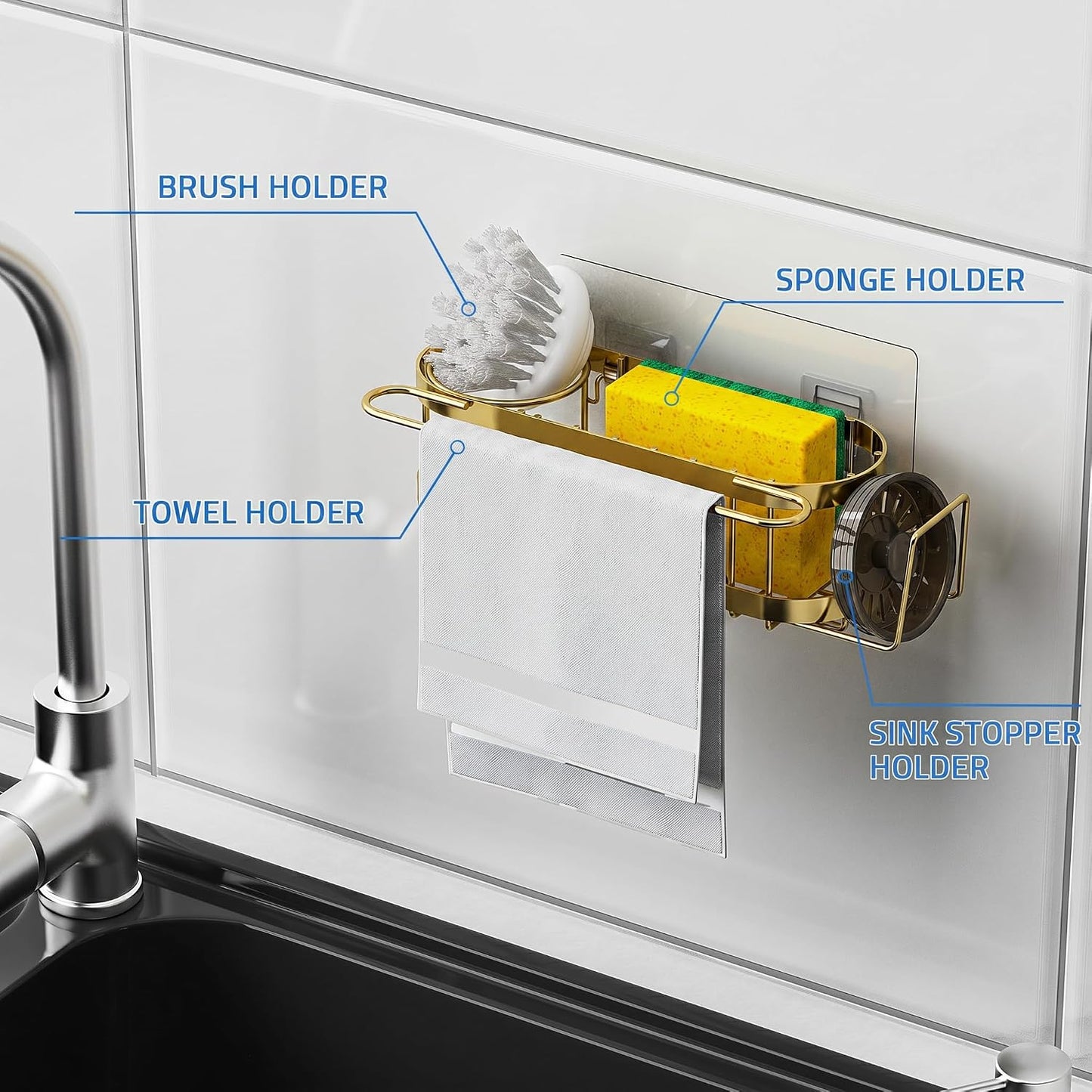 Cisily Kitchen Sink Caddy Sponge Holder in The Sink, Stainless Steel Kitchen Sink Organizer, Brush Holder, Dish Cloth Hanger, Sink Stopper Holder (Suction cup-Black)