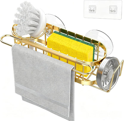 Cisily Kitchen Sink Caddy Sponge Holder in The Sink, Stainless Steel Kitchen Sink Organizer, Brush Holder, Dish Cloth Hanger, Sink Stopper Holder (Suction cup-Black)