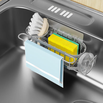 Cisily Kitchen Sink Caddy Sponge Holder in The Sink, Stainless Steel Kitchen Sink Organizer, Brush Holder, Dish Cloth Hanger, Sink Stopper Holder (Suction cup-Black)