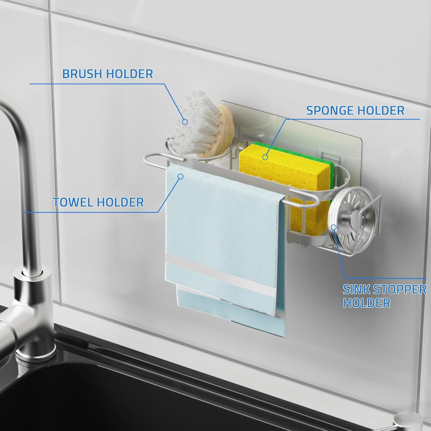 Cisily Kitchen Sink Caddy Sponge Holder in The Sink, Stainless Steel Kitchen Sink Organizer, Brush Holder, Dish Cloth Hanger, Sink Stopper Holder (Suction cup-Black)