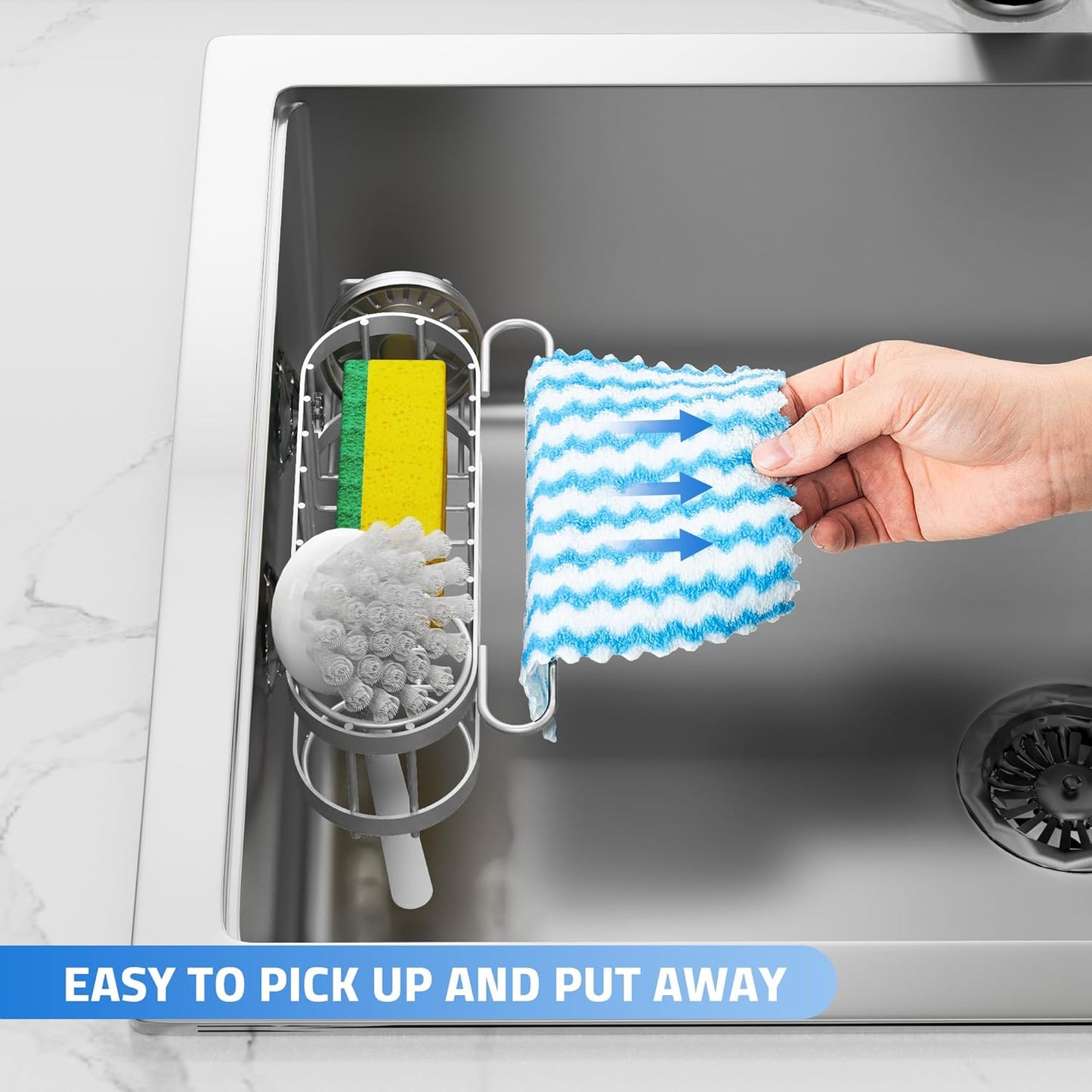 Cisily Kitchen Sink Caddy Sponge Holder in The Sink, Stainless Steel Kitchen Sink Organizer, Brush Holder, Dish Cloth Hanger, Sink Stopper Holder (Suction cup-Black)