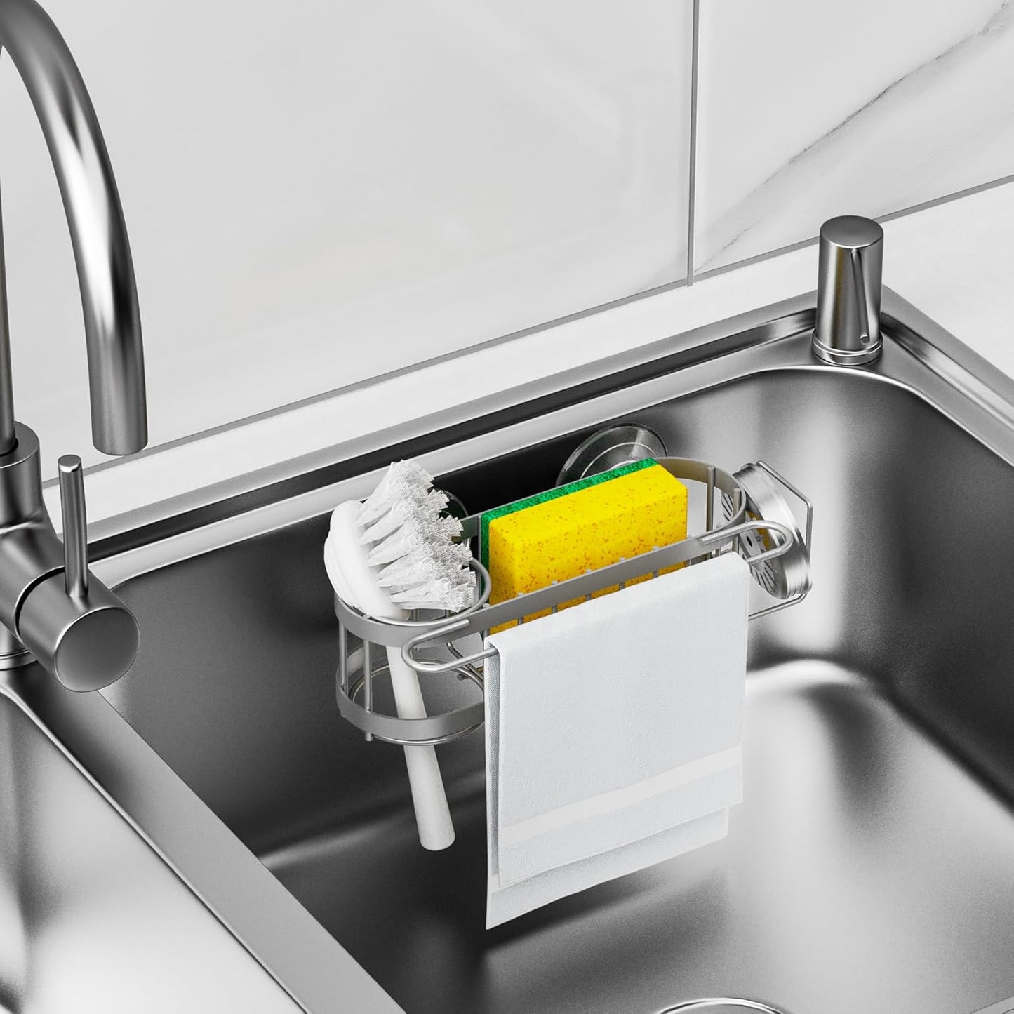 Cisily Kitchen Sink Caddy Sponge Holder in The Sink, Stainless Steel Kitchen Sink Organizer, Brush Holder, Dish Cloth Hanger, Sink Stopper Holder (Suction cup-Black)